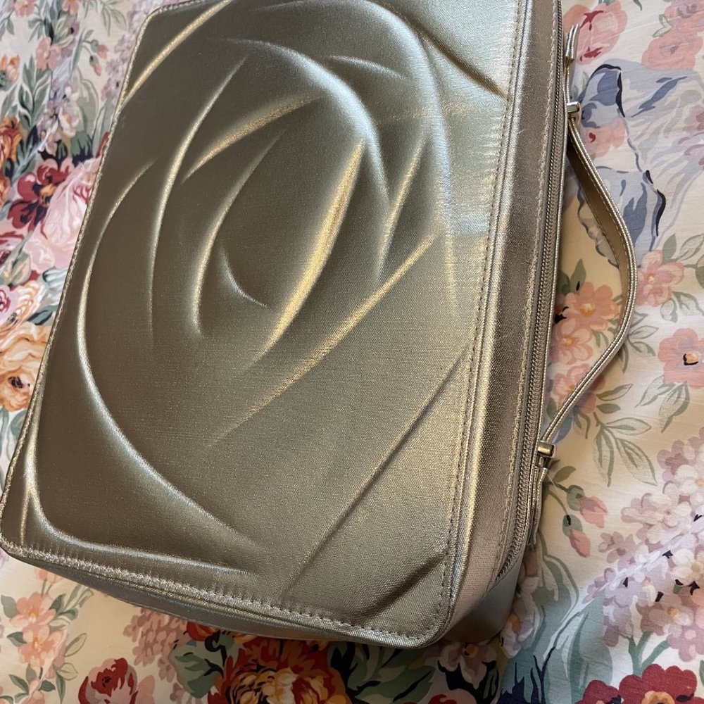 Lancome Metallic Silver Rose-Embossed Cosmetic Case